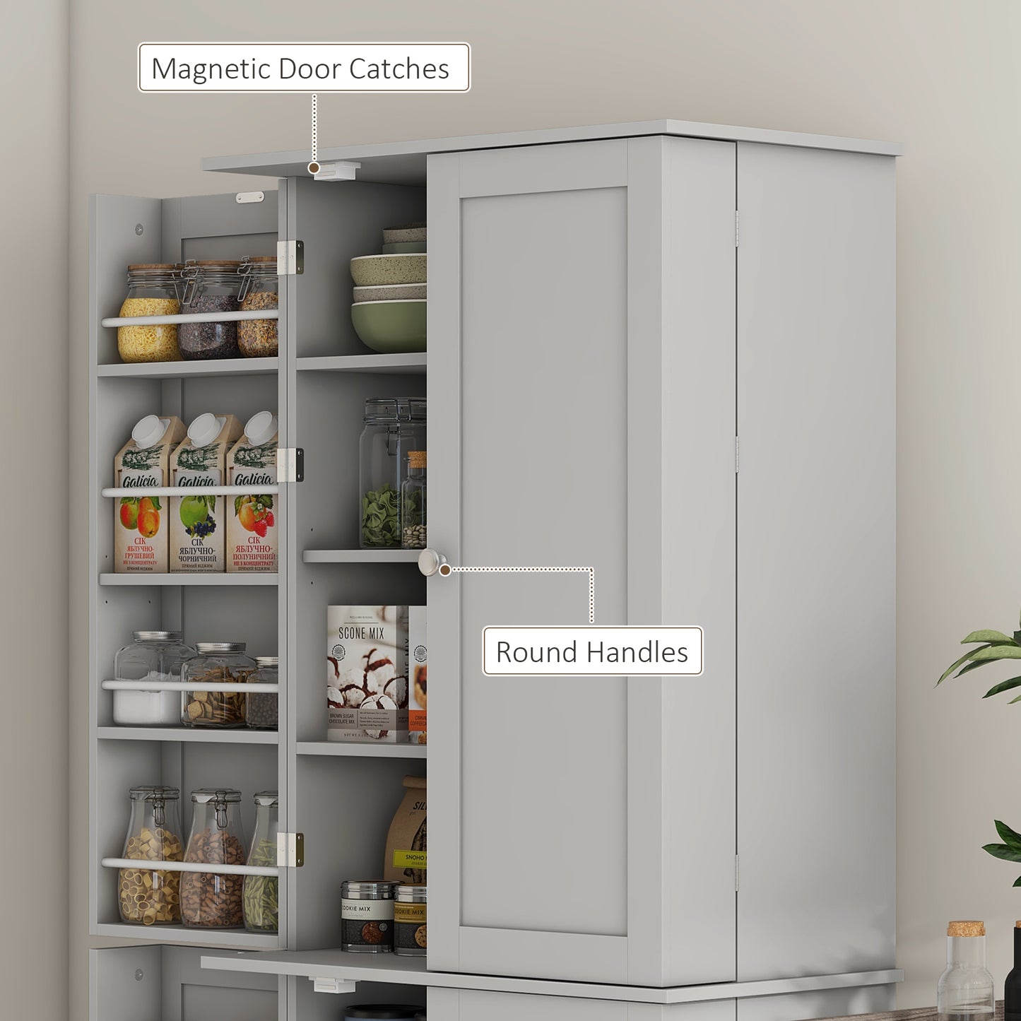 65" Kitchen Pantry Cabinet with 4 Doors and 16 Shelves - Gray