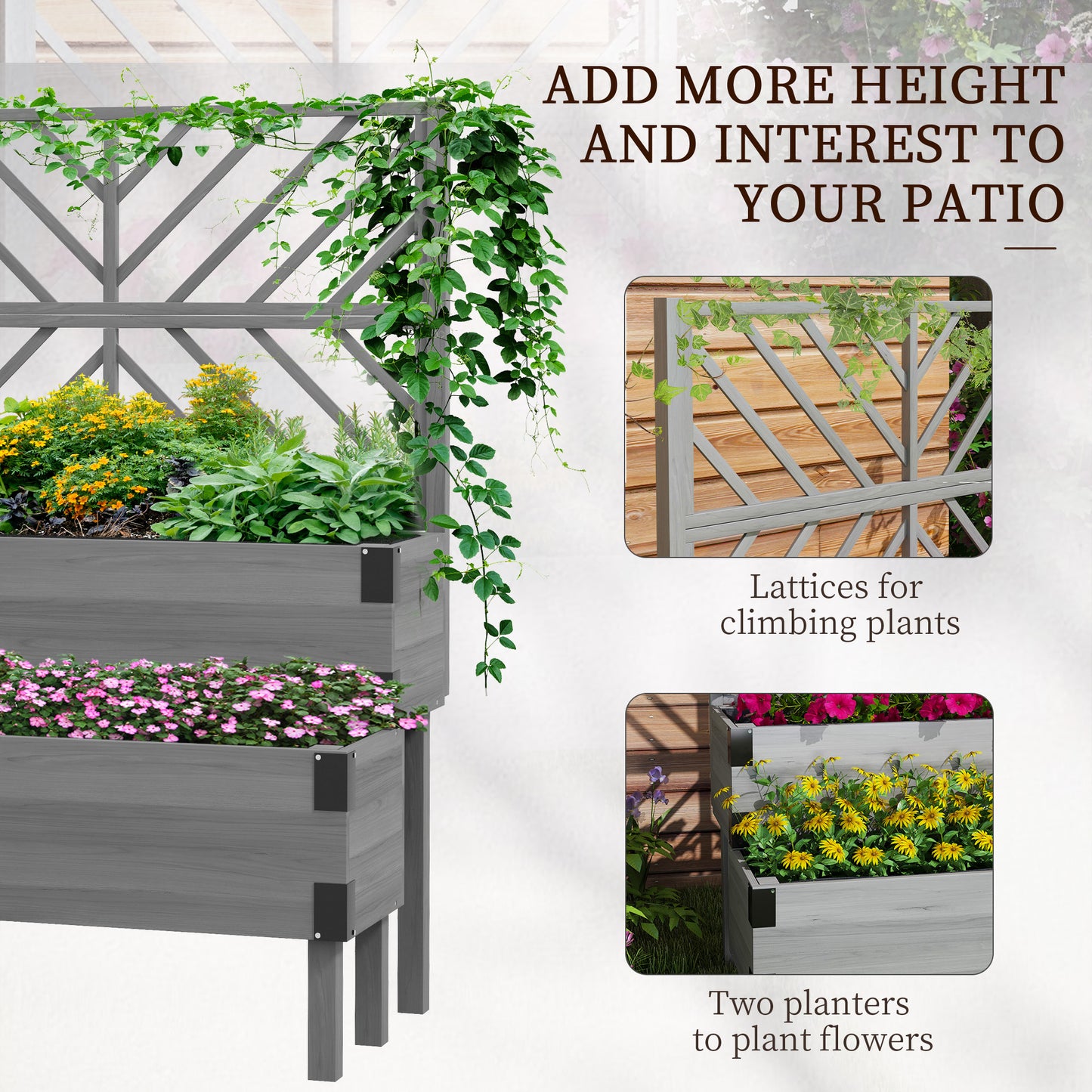 2-Tier Wooden Raised Garden Bed with Trellis Gray 1185x395x275mm