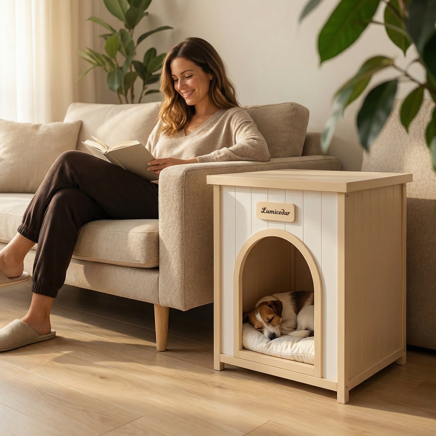 Indoor Wooden Dog House with Removable Cushion - Small Pet Shelter, Scandinavian Design