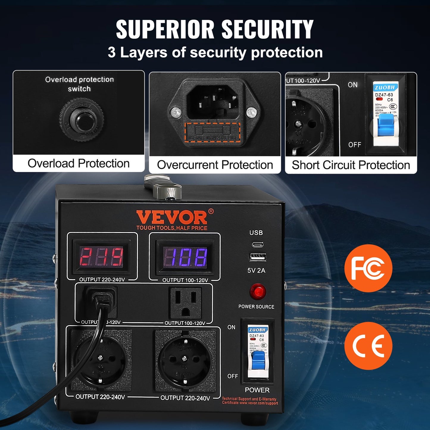 2000W Voltage Converter Transformer - Step Up/Down Power Supply with US & EU Outlets, USB Port