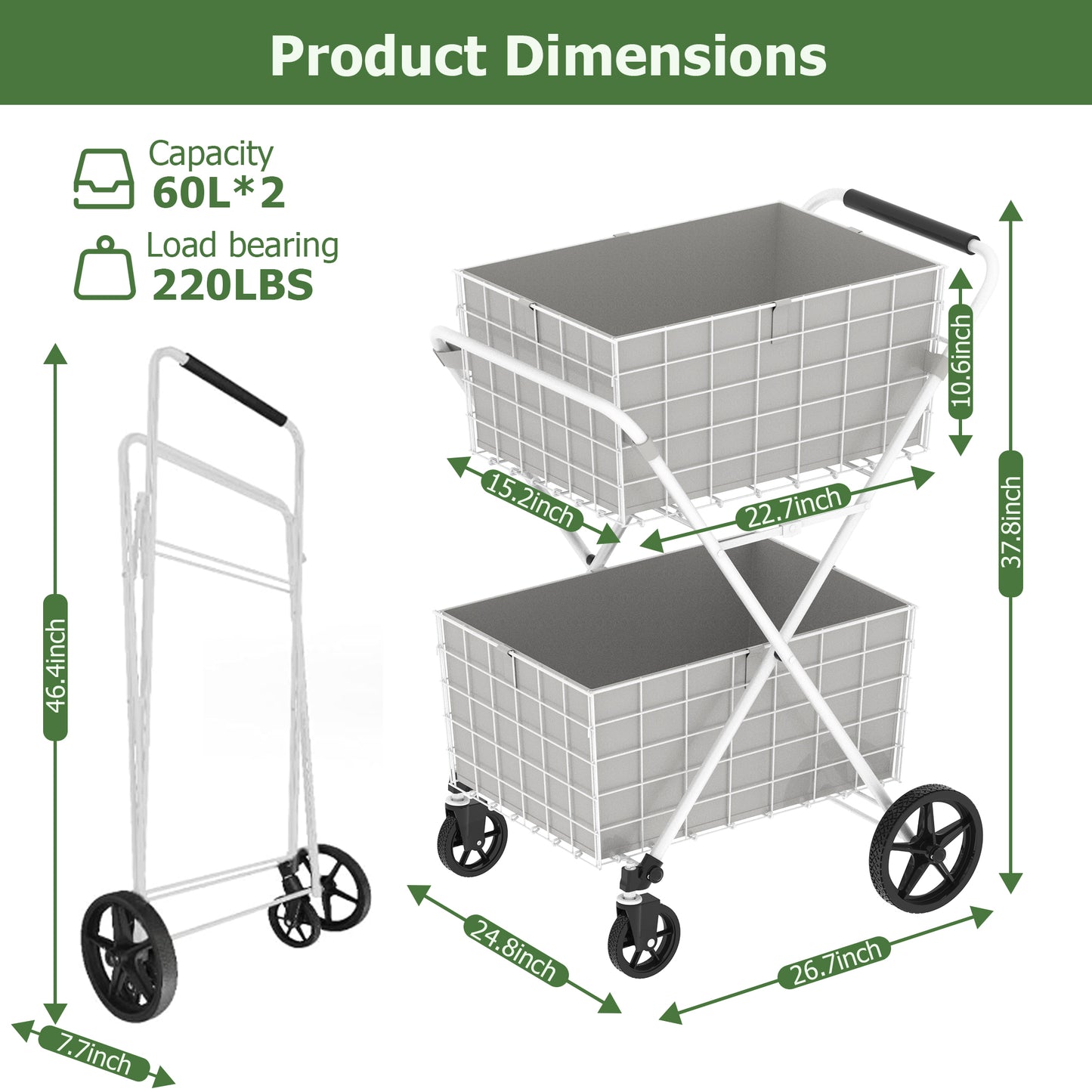 Extra Jumbo Foldable Shopping Cart with Double Baskets - White
