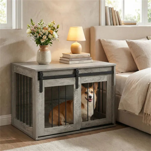 Dog Crate Furniture with Sliding Barn Door - 31.5-Inch Wooden Indoor Kennel & End Table - Gray