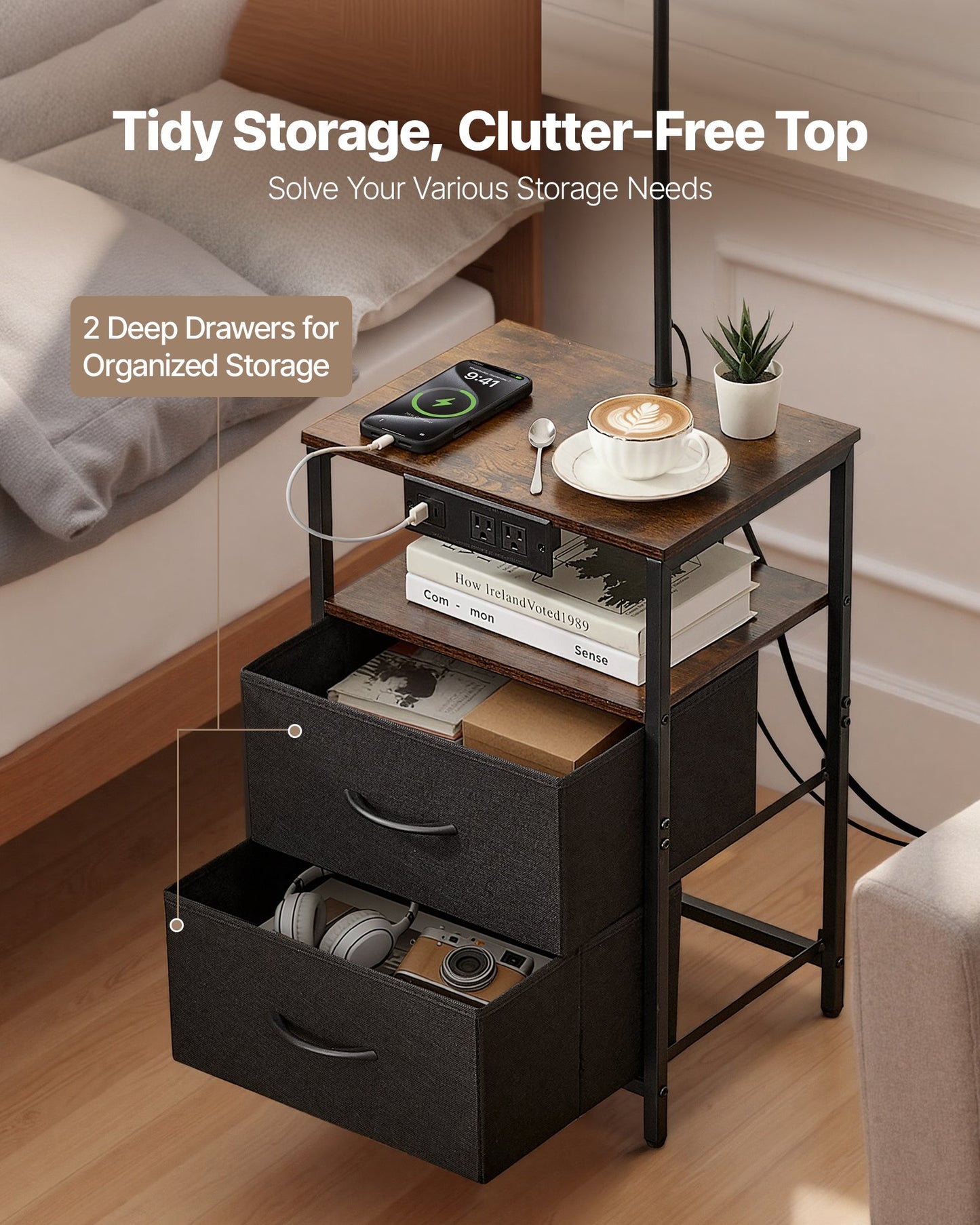 Floor Lamp With 2-Tier End Table and USB Charging Port - Modern Bedside Nightstand with Adjustable Color Temp