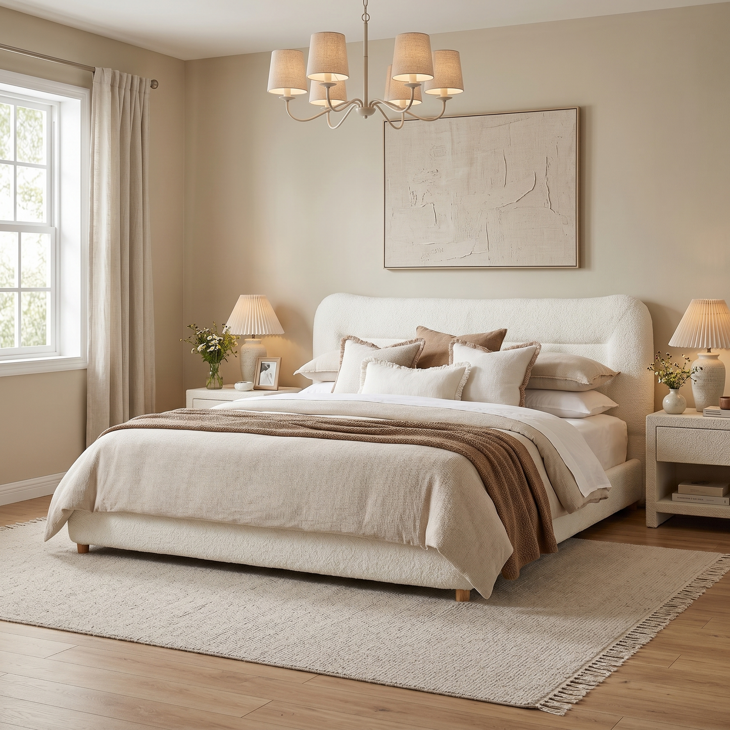 Minimalist Teddy Bear Plush King Bed - Cream Curved Headboard