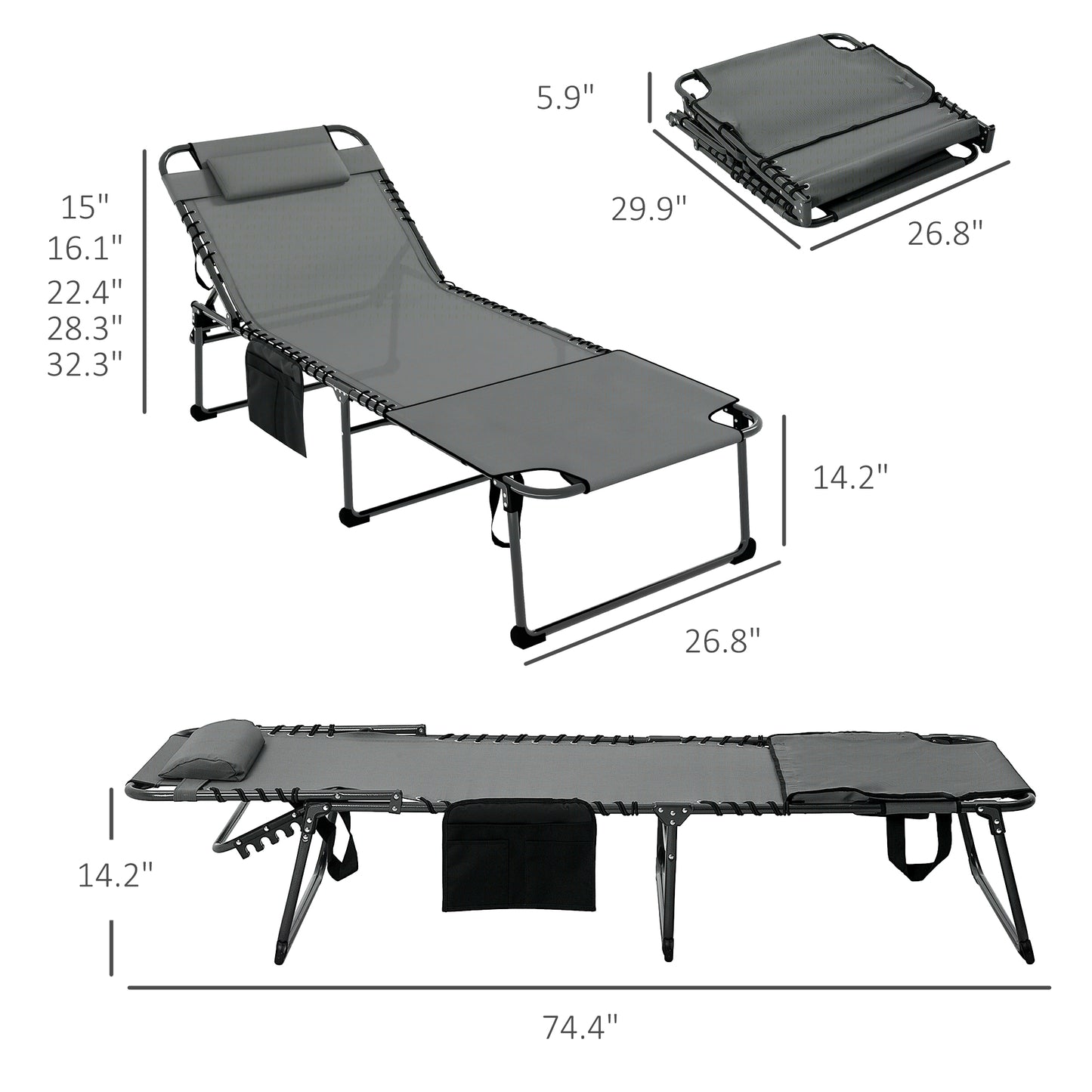 Folding Chaise Lounge Chair with 5-Level Recline, Gray