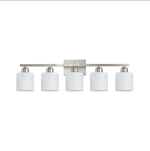 5-Light Brushed Nickel Bathroom Vanity Light Fixture - Modern Design with Milky White Glass Shades