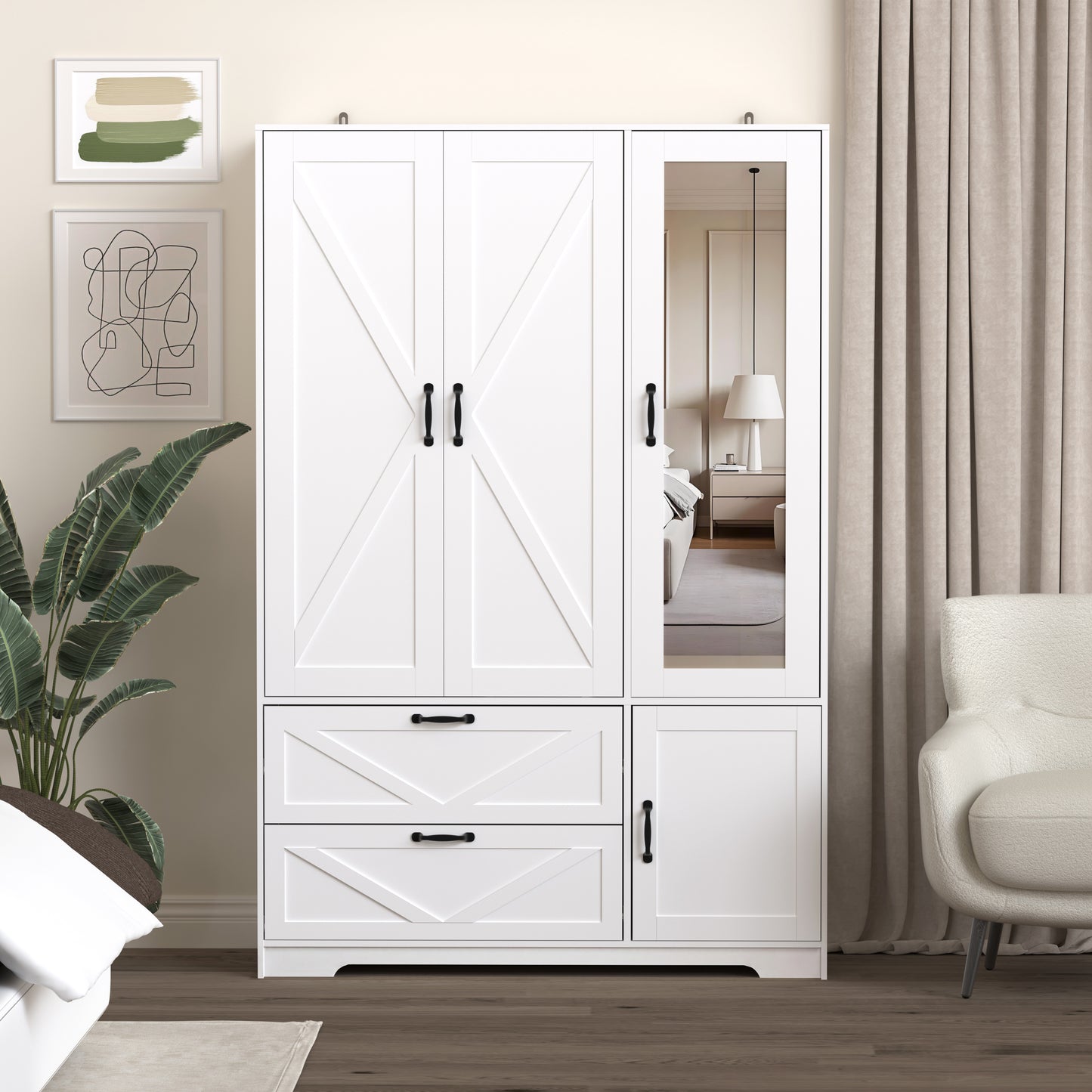 4-Door White Wardrobe Closet with Mirror & LED Lighting