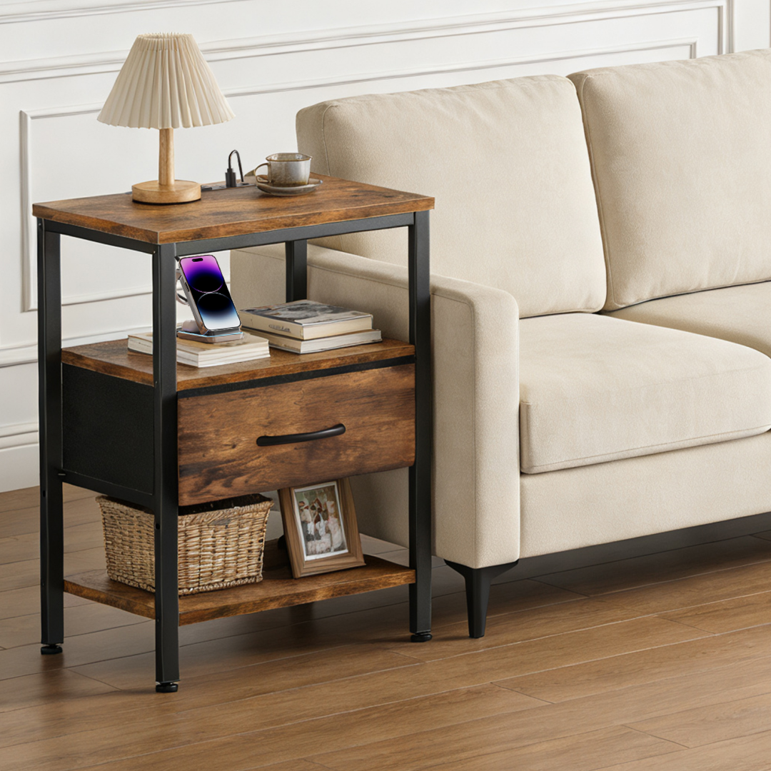 Bedside Table with USB-C Port and Adjustable Drawers - Brown