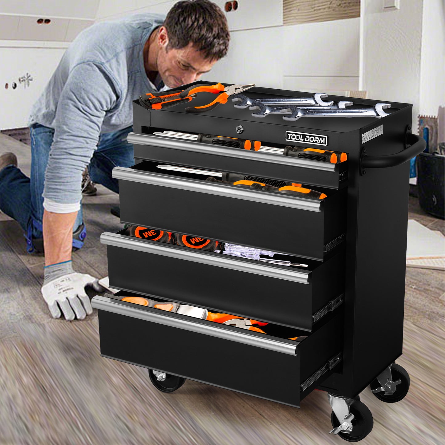 27-Inch Metal Tool Storage Cabinet with 4 Drawers and Wheels, Garage Workshop Organizer