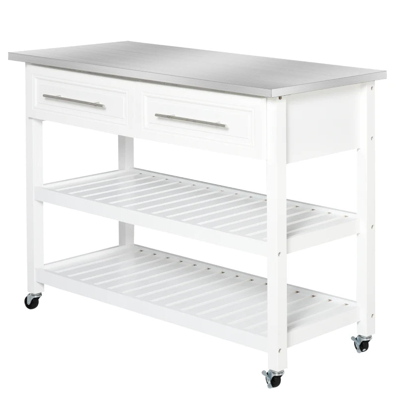 Kitchen Island Cart with Stainless Steel Top & Storage - White
