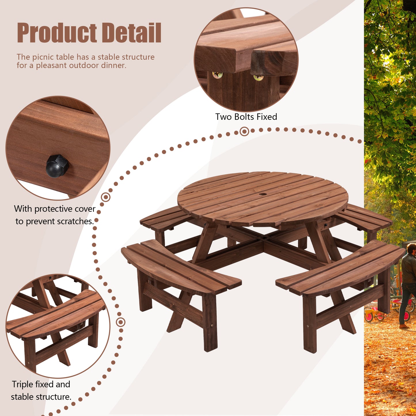 8 Person Wooden Picnic Table, Outdoor Camping Dining Table With Seat,