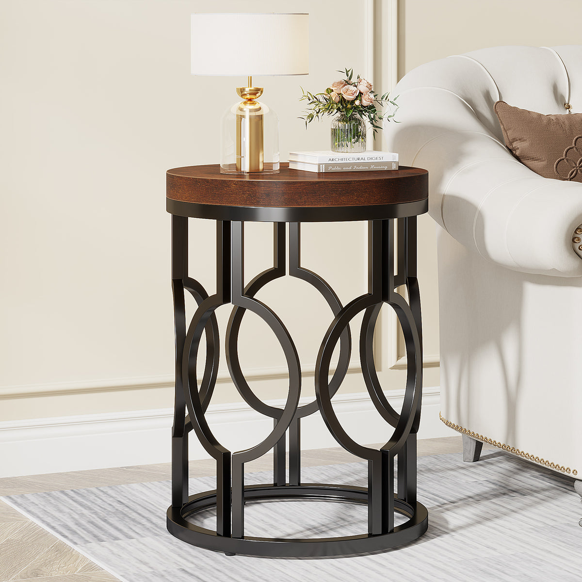 Industrial Metal Openwork Side Table - Modern Minimalist Home Decor 45x45x60cm Beige
