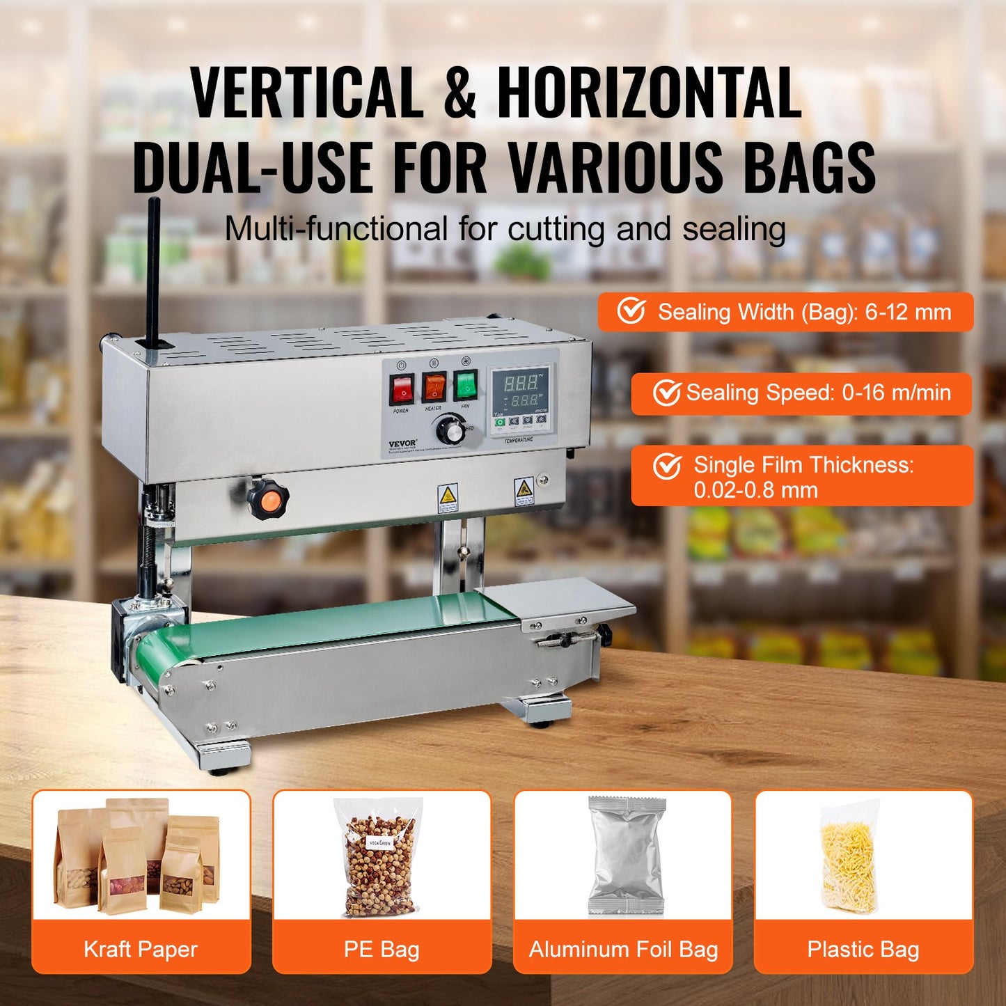 Stainless Steel Continuous Bag Sealer Machine Vertical Band Sealer 600W