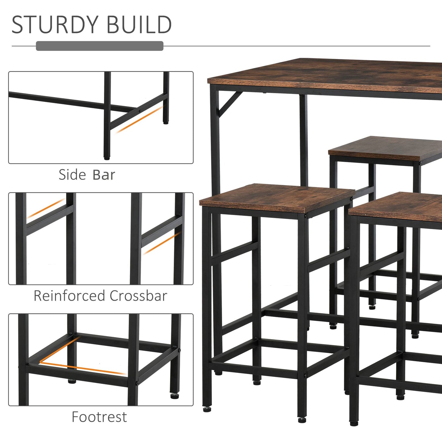 5-Piece Rustic Bar Table Set with 4 Stools - Space Saving Design