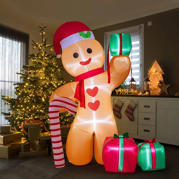 8FT Inflatable Gingerbread Man with Candy Cane and Gift Boxes