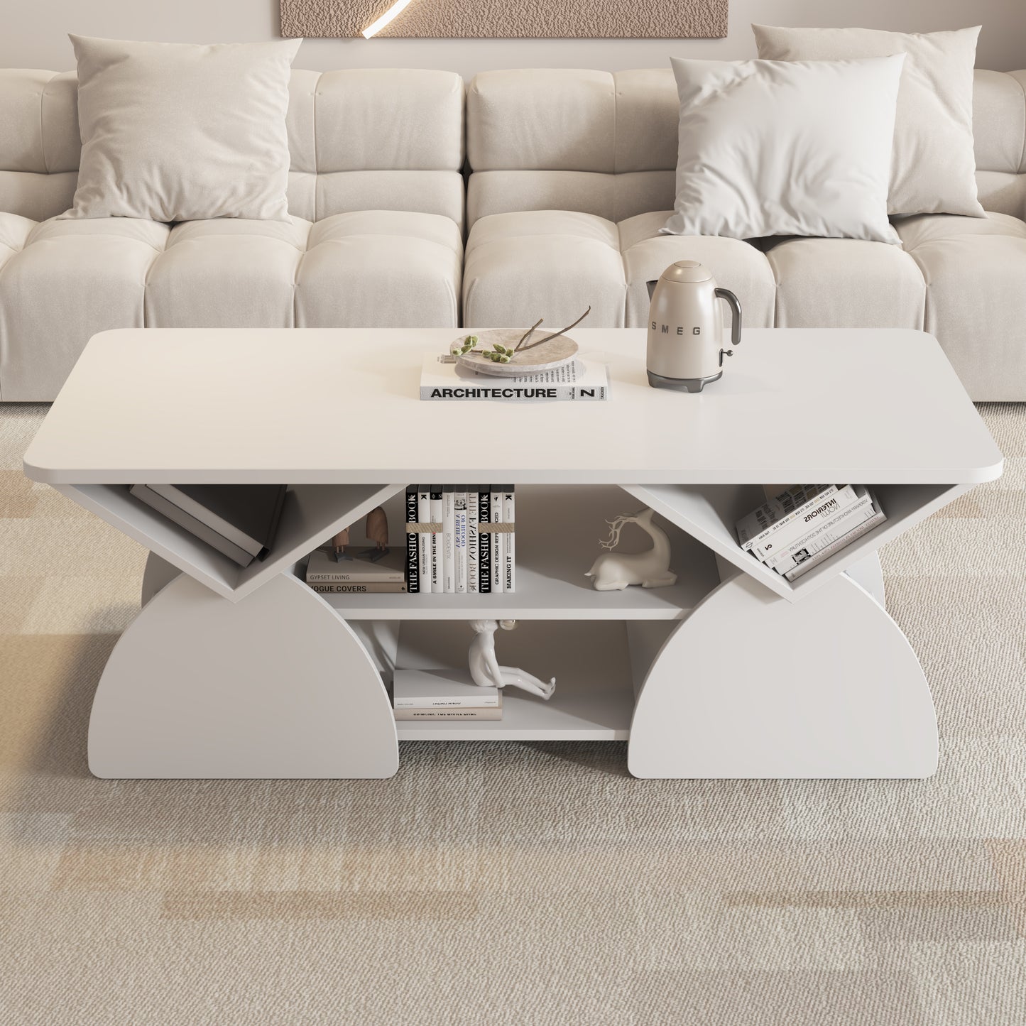 Engineered Wood Rounded Corner Rectangular Coffee Table For Living