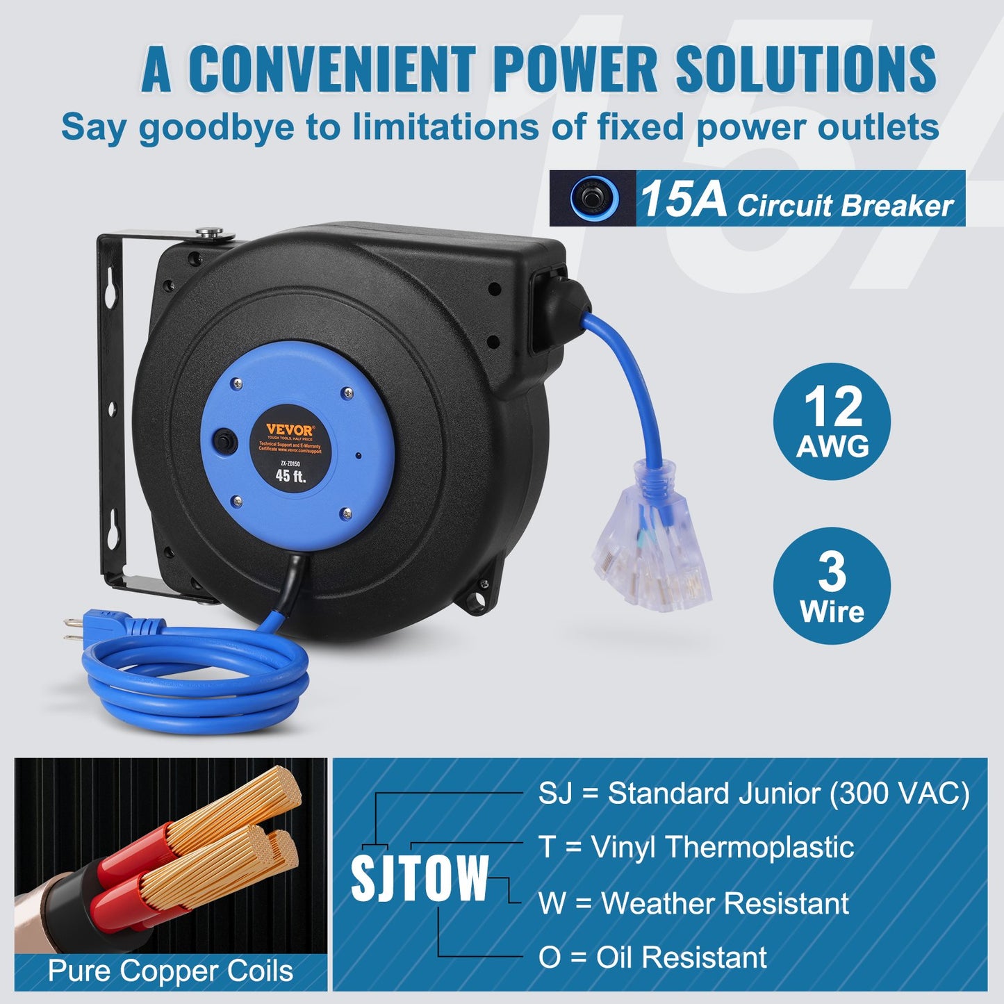 Heavy Duty Retractable Extension Cord Reel 45FT 12AWG Water & Oil Resistant Power Cord