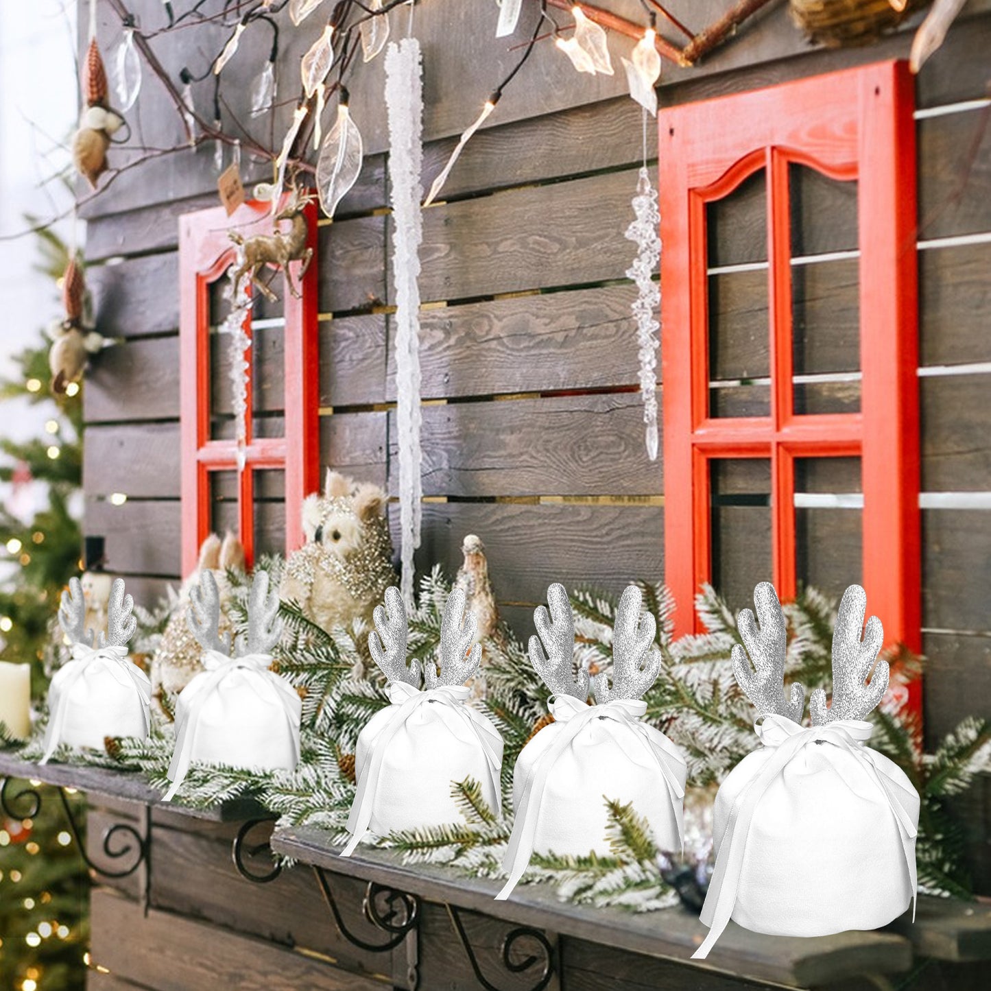 5-Piece Christmas Antler Gift Bag Set - Khaki & White