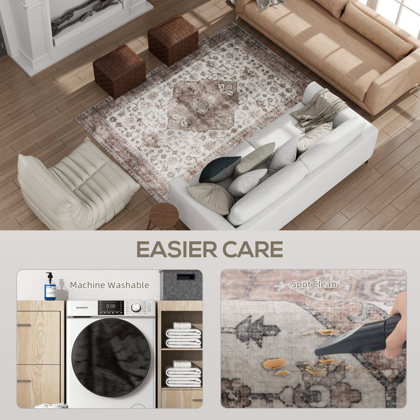 4x6 Vintage Machine Washable Area Rug - Tan Non-Slip Carpet