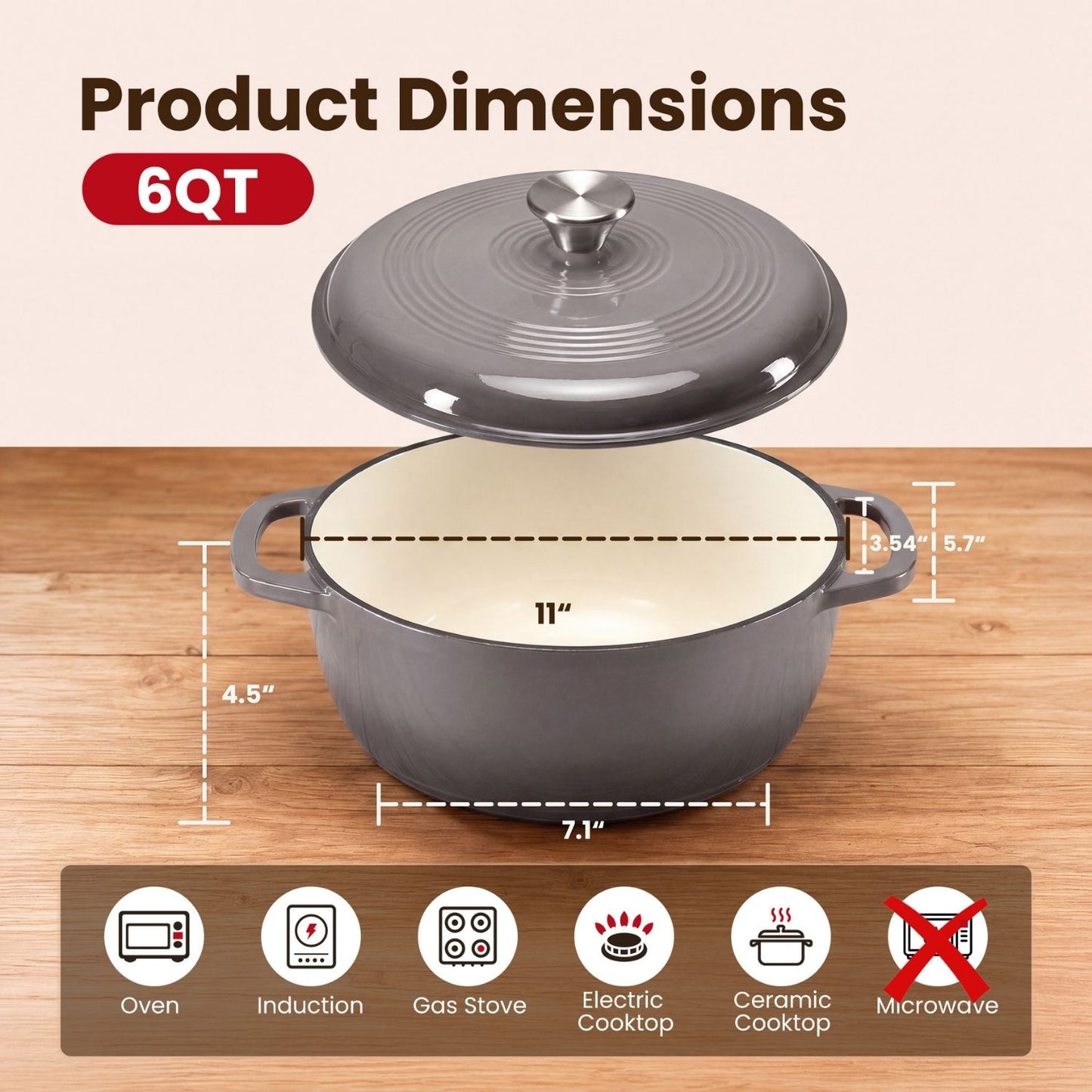 6 Quart Enameled Cast Iron Dutch Oven with Moisture-Sealing Lid