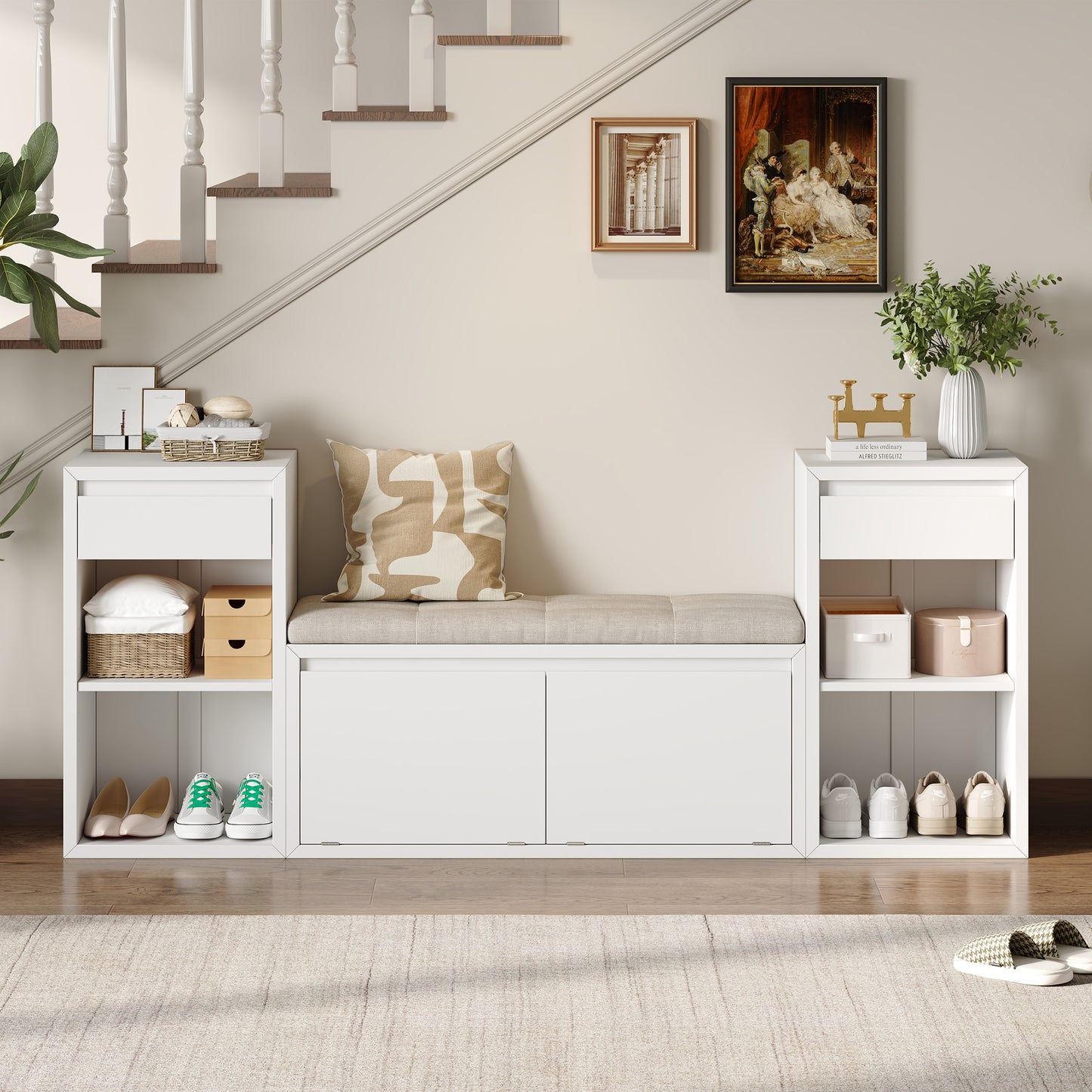 All-in-One Entryway Storage Bench with Cushion and Drawers - White