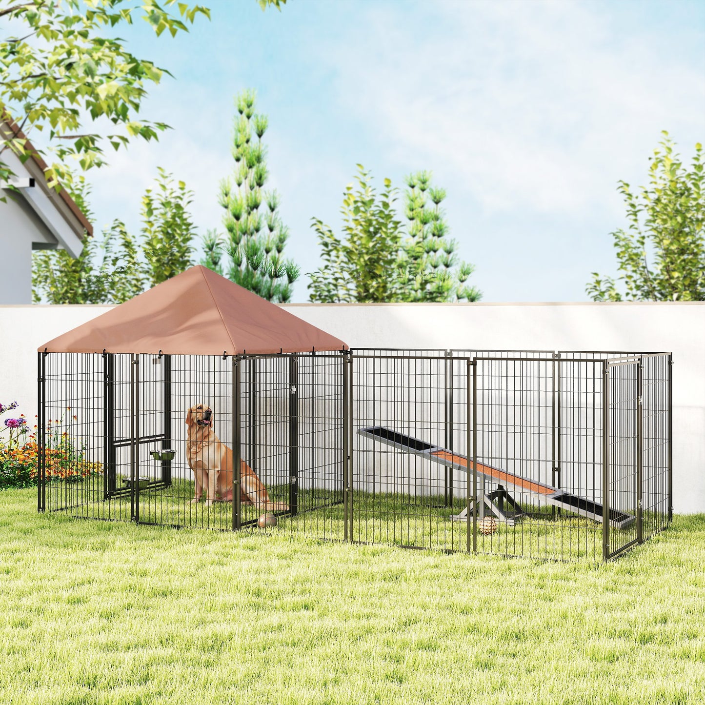 Large Outdoor Dog Kennel with Adjustable Height Bowls Waterproof Canopy
