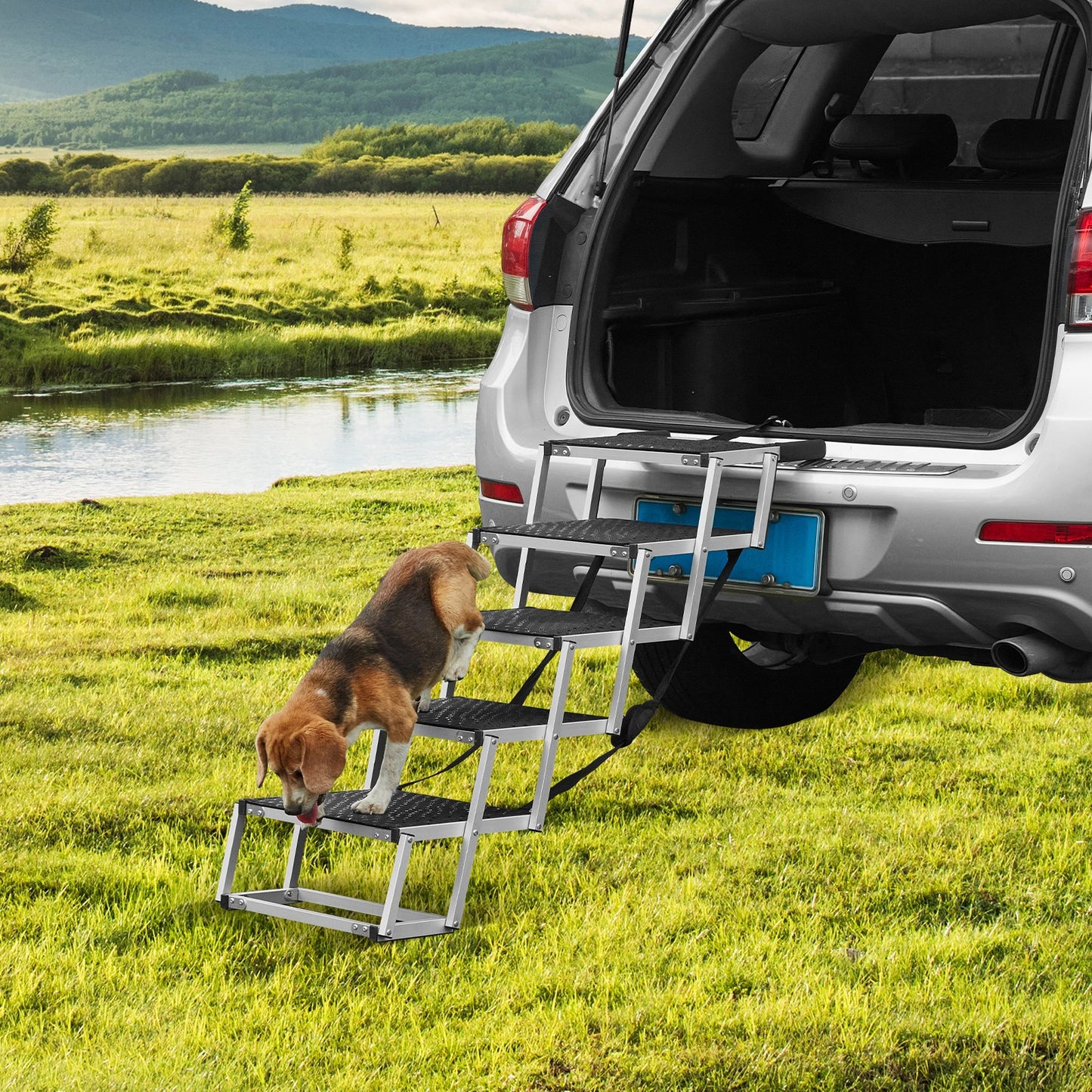 Foldable Dog Car Stairs - Aluminum Pet Steps Supports Up to 150 Lbs Black
