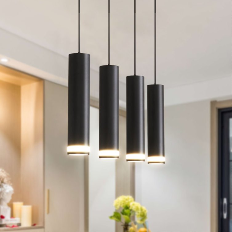 6-Light Matte Black Kitchen Island Pendant Light Fixture, Adjustable Cylinder Design