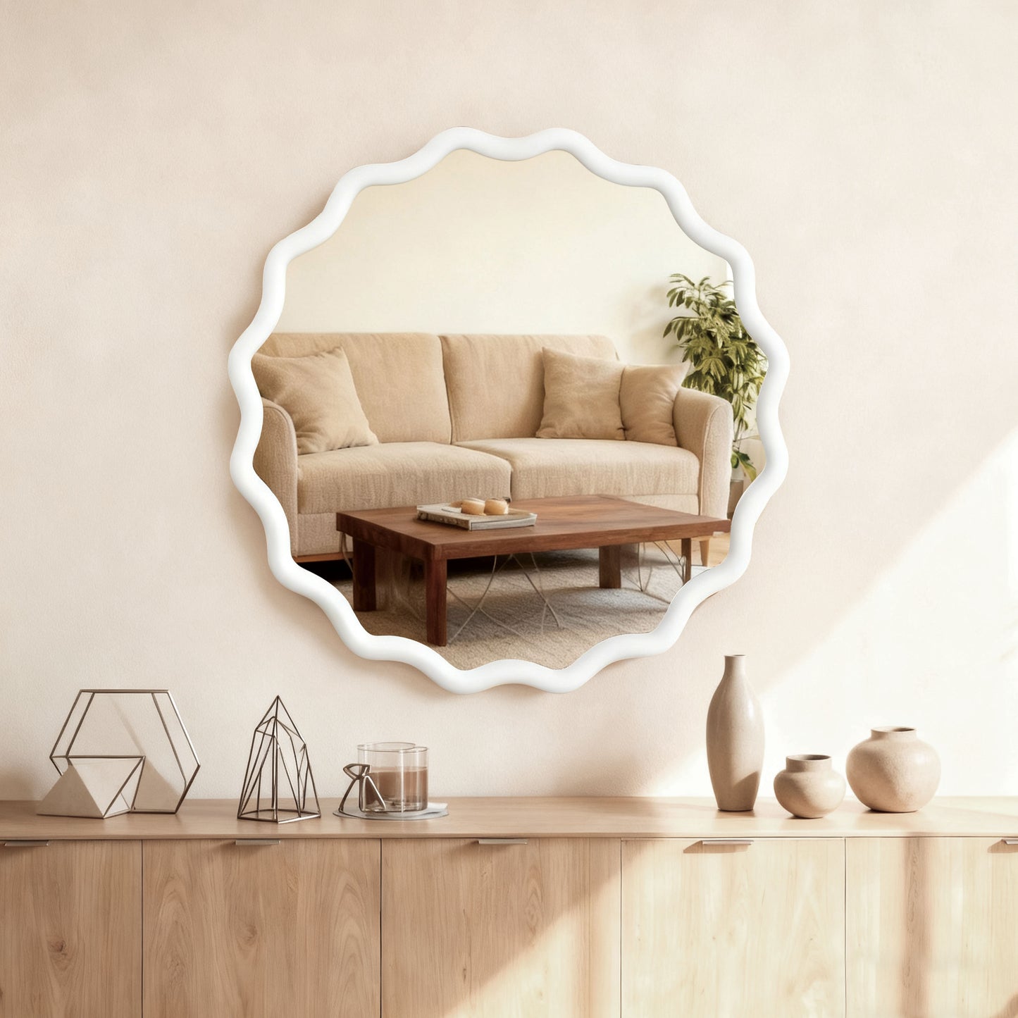 30-Inch White Wavy Round Solid Wood Frame Decorative Mirror