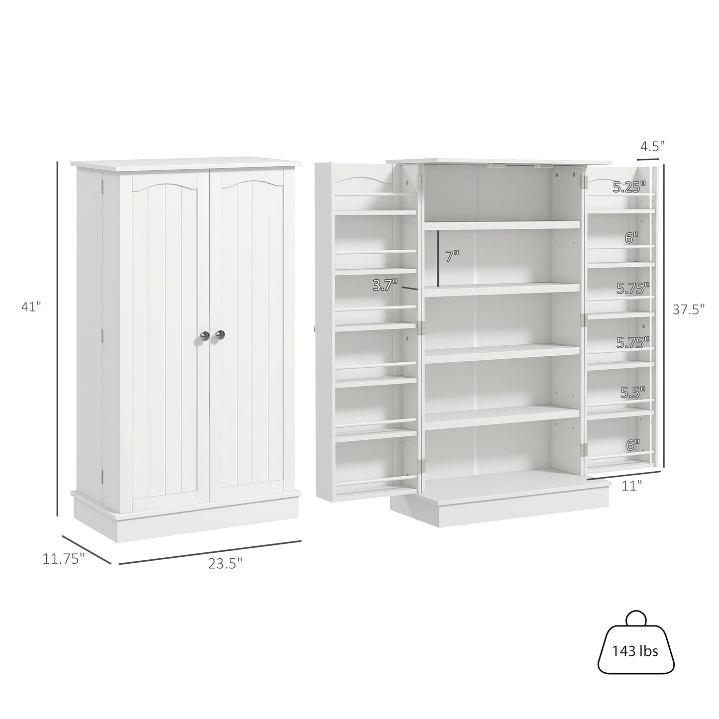 Freestanding Kitchen Pantry Cabinet with 5-Tier Shelving - White