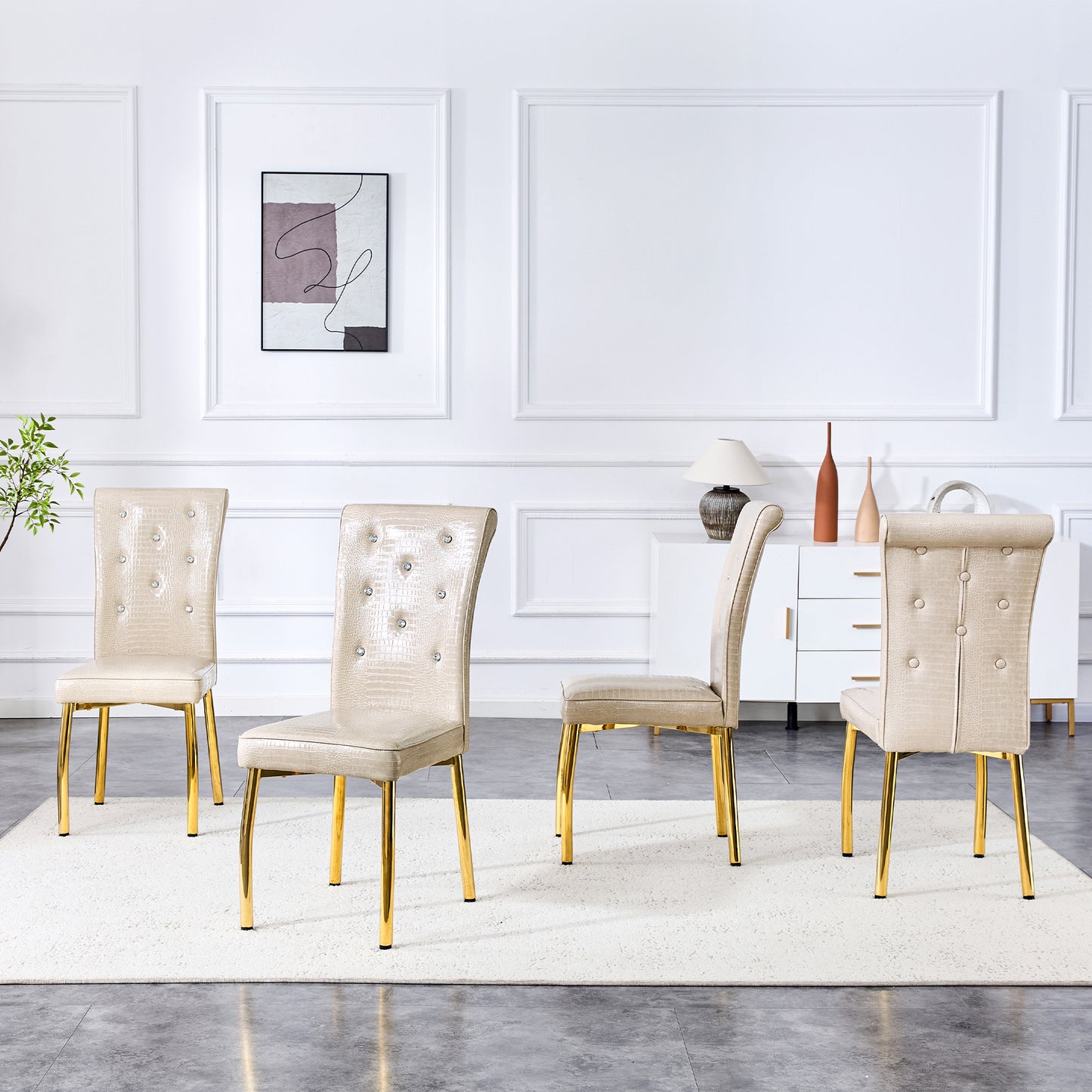 Set of 4 Beige and Gold Vintage Crocodile Leather Dining Chairs