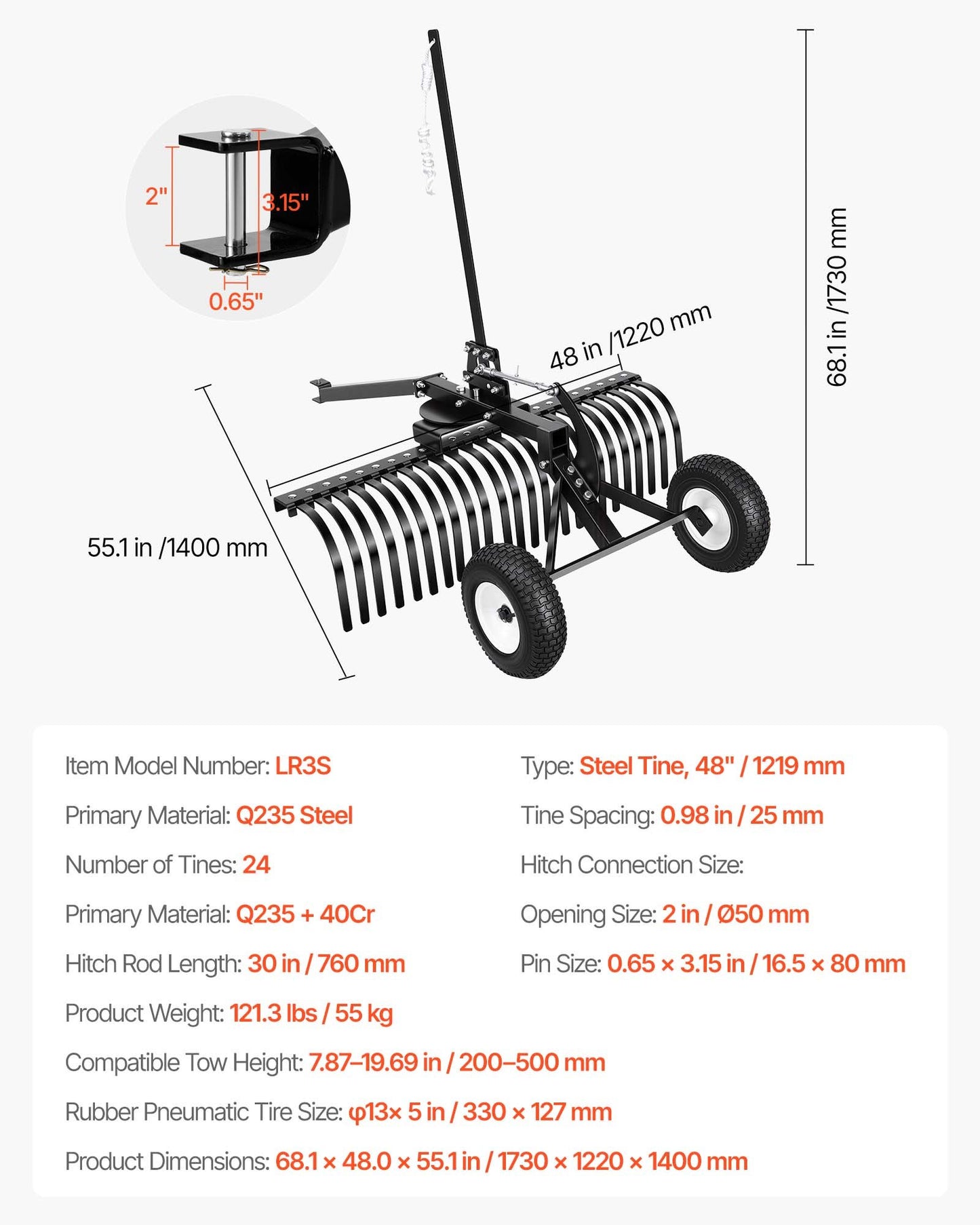 48-Inch Tow Behind Landscape Rake for ATV Tractors - Heavy Duty Steel Tines, Adjustable Height & Angle