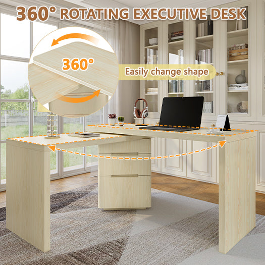 90 Modern L Shaped Desk In Natural Wood With 3 Drawers,360 Rotating