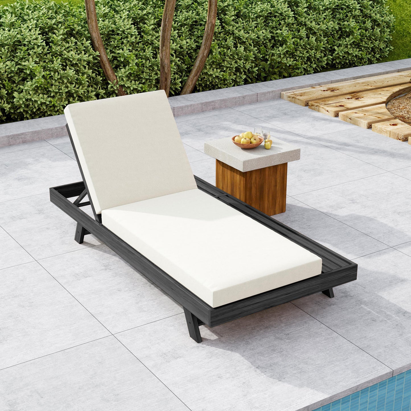 Outdoor Lounge Chaise Set in Black Acacia Wood with Cream Cushions
