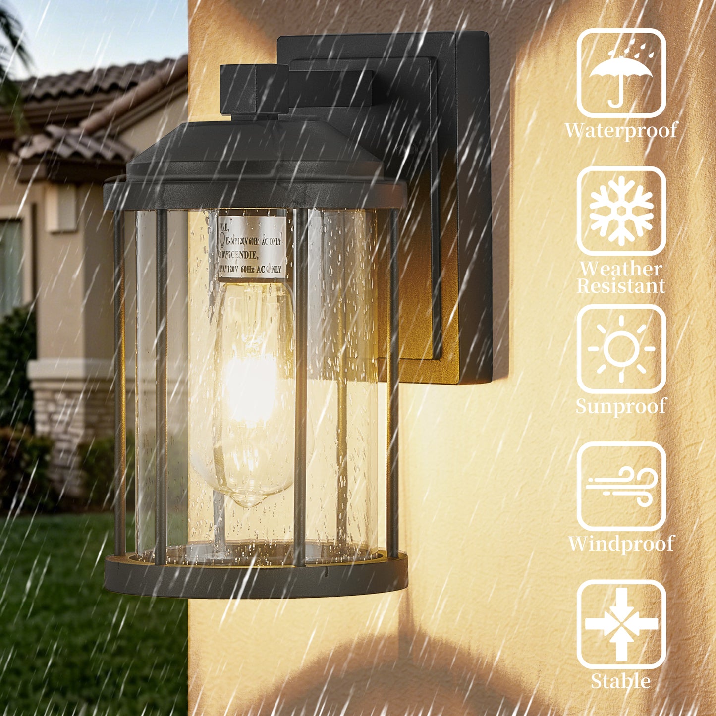 Outdoor Wall Sconce 2 Pack - Black LED Lantern Fixtures for Porch Garden