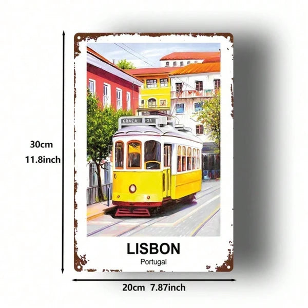 Vintage Lisbon Portugal Yellow Tram Metal Sign - 8x12 Inch Wall Art