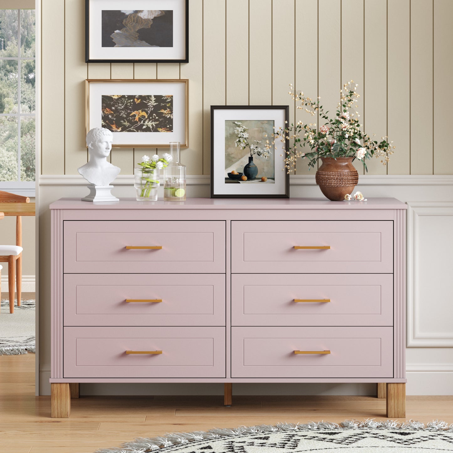 6-Drawer Double Dresser - Modern Storage Cabinet in Pink