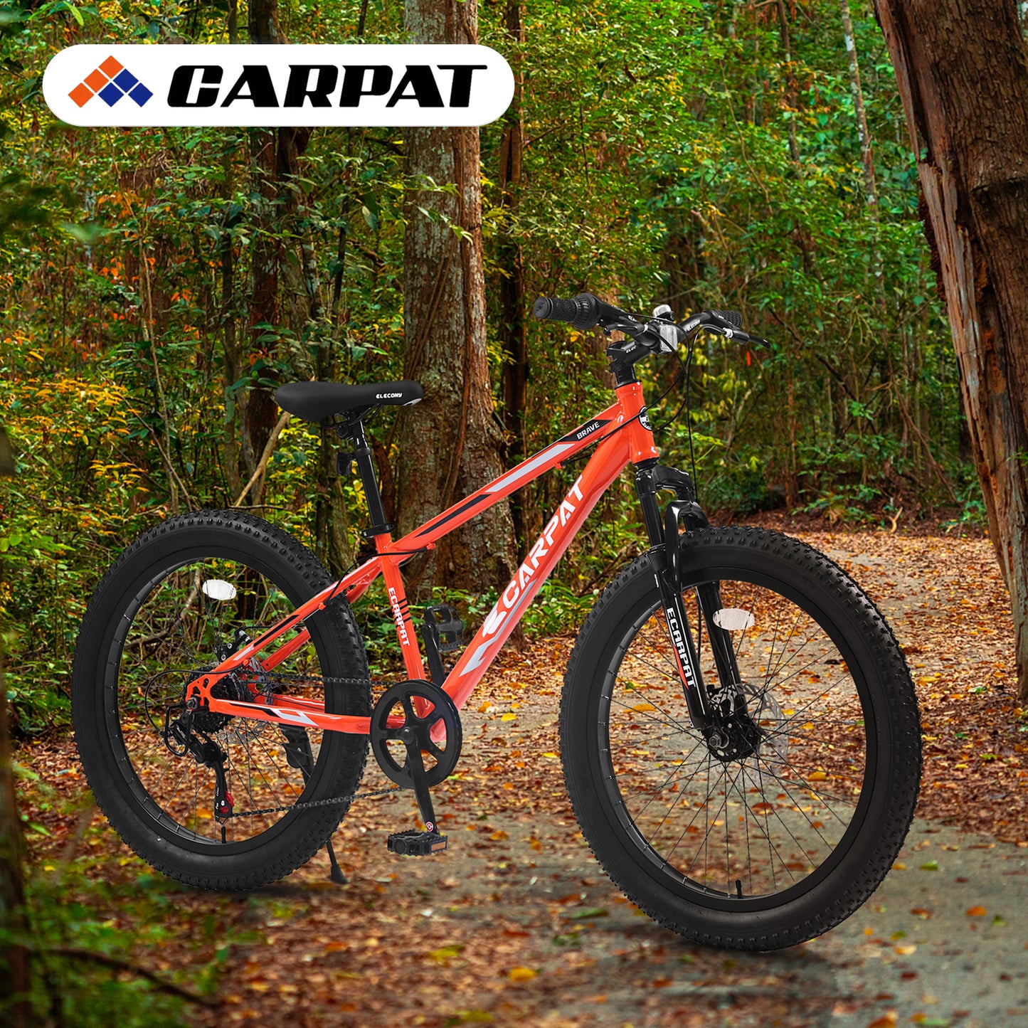 24 Inch Fat Tire Mountain Bike - Shimano 7 Speed, Dual Disc Brake, Orange