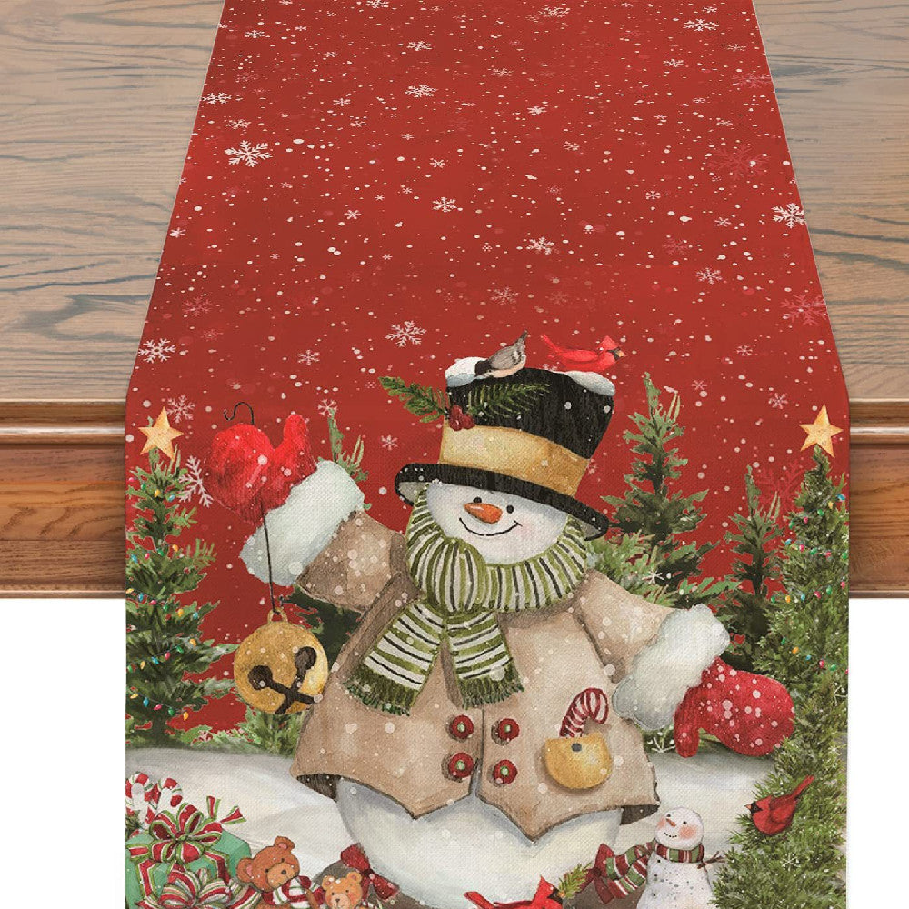 Christmas Snowman Linen Table Runner 30x180cm Festive Holiday Decor
