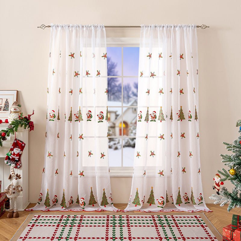 Christmas Tree Embroidery Curtain Set - Holiday Holiday Decor