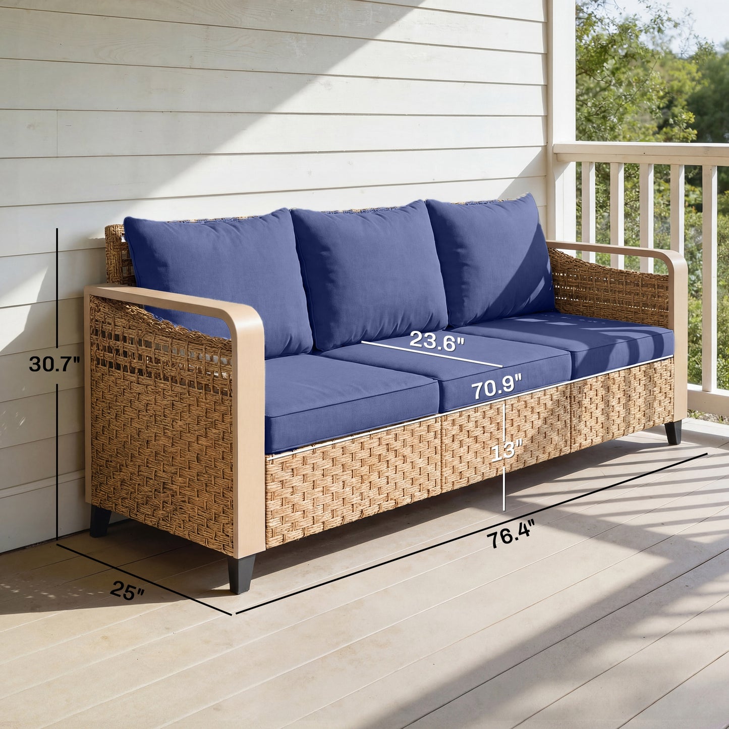 Outdoor Rattan Wicker Sofa 3-Seater with Cushions - Dark Blue