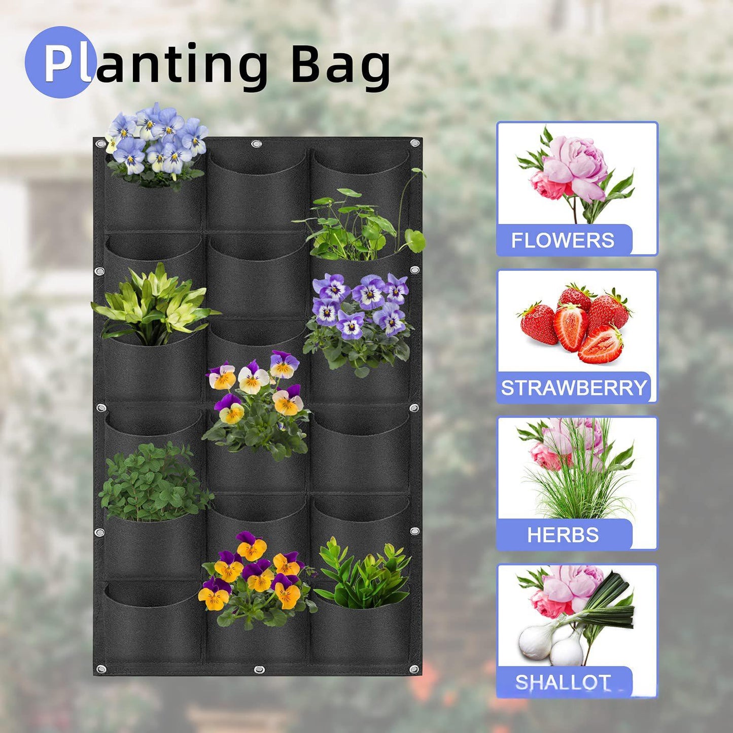 Vertical Wall-Mounted Planting Bag with 18 Pockets - Garden Storage Bag, Black 50x100cm