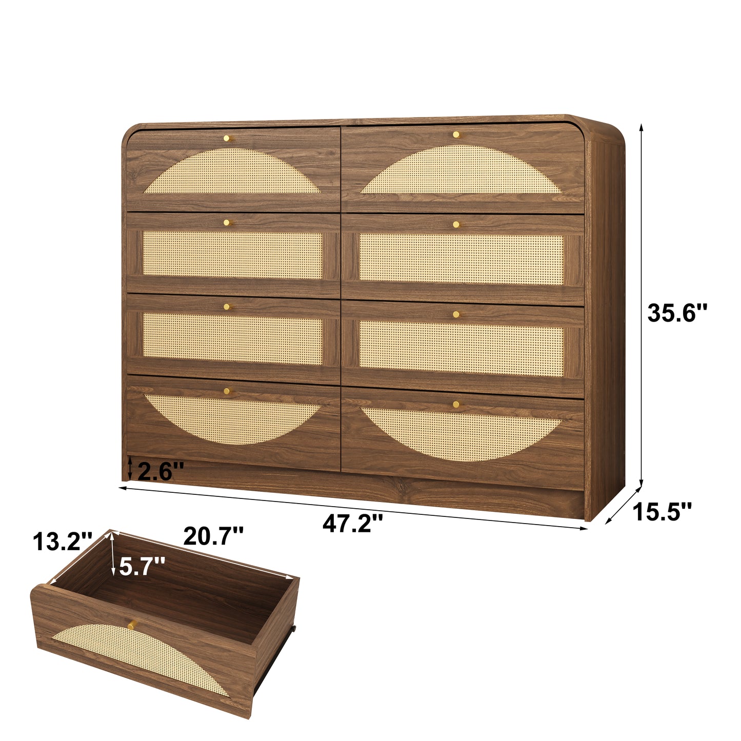 Walnut 8-Drawer Dresser with Rattan Front - Modern Storage Cabinet
