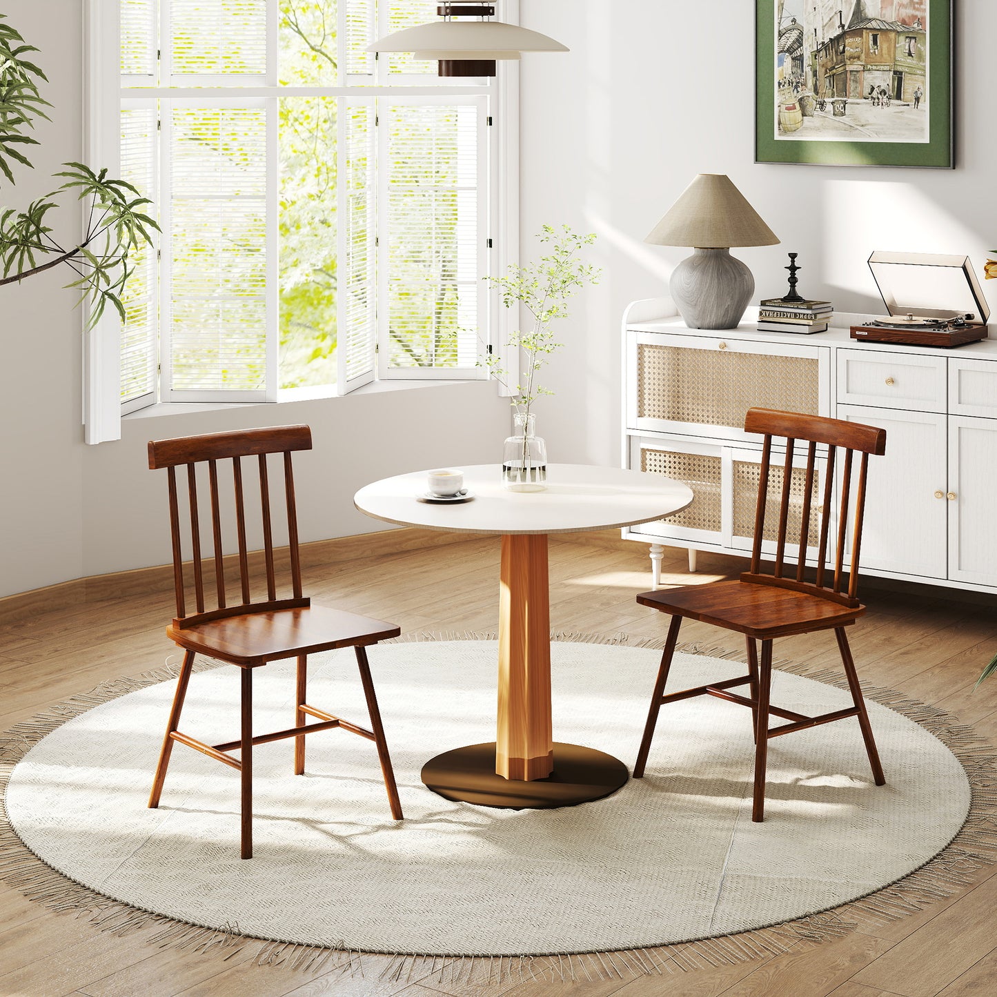 Set of 2 Farmhouse Dining Chairs - Light Brown Wooden Spindle Back