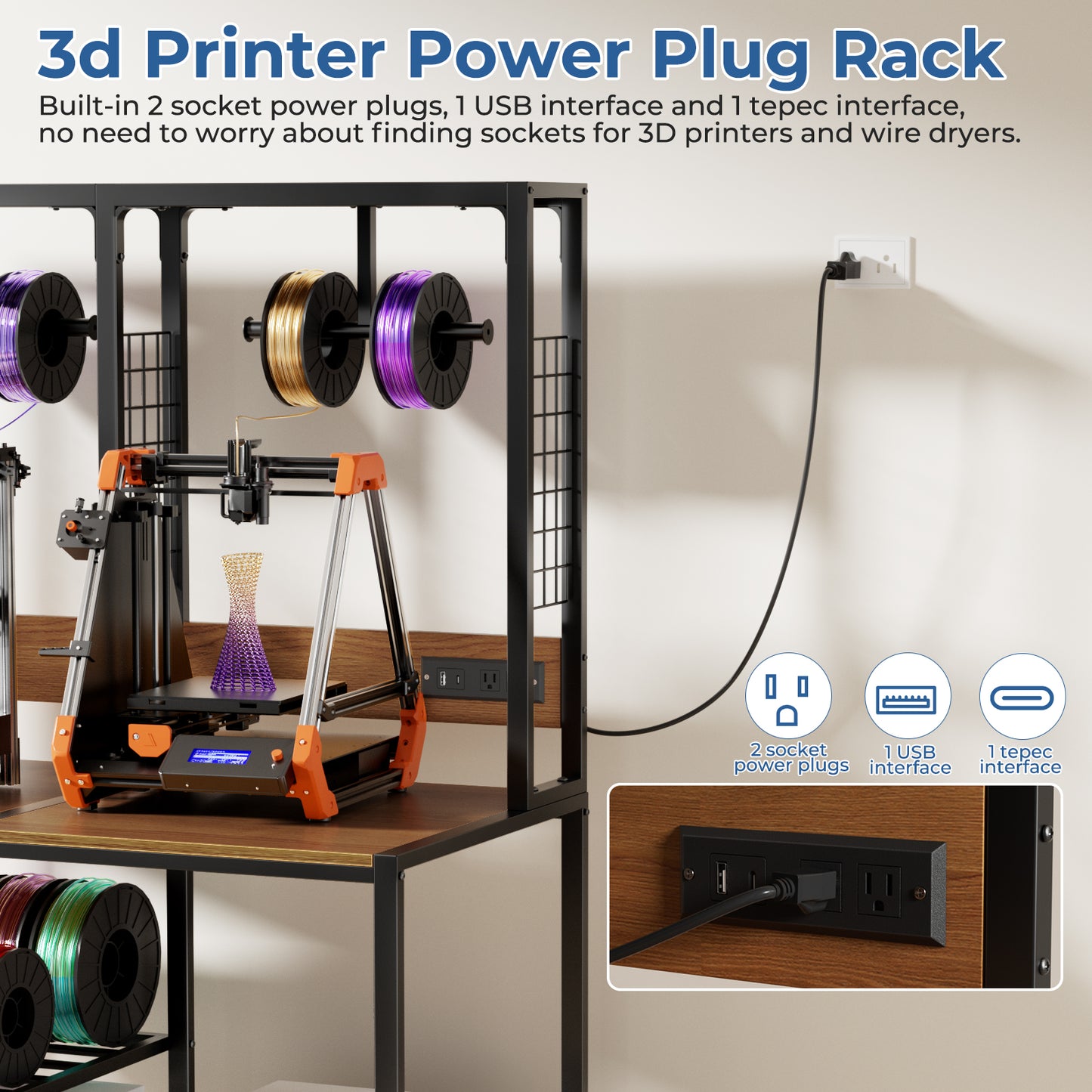 Double 3D Printer Stand with Filament Storage - Heavy-Duty Metal Frame, Lockable Wheels, Mobile or Fixed Use - Black