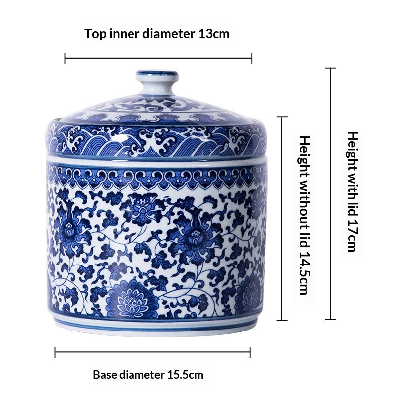 Blue and White Ceramic Tea Jar with Lid - Chinese Style Home Storage