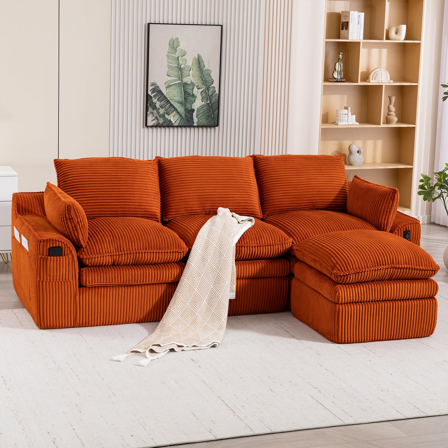L-Shaped Modular Sectional Sofa - Modern Corduroy with Footstool - Orange