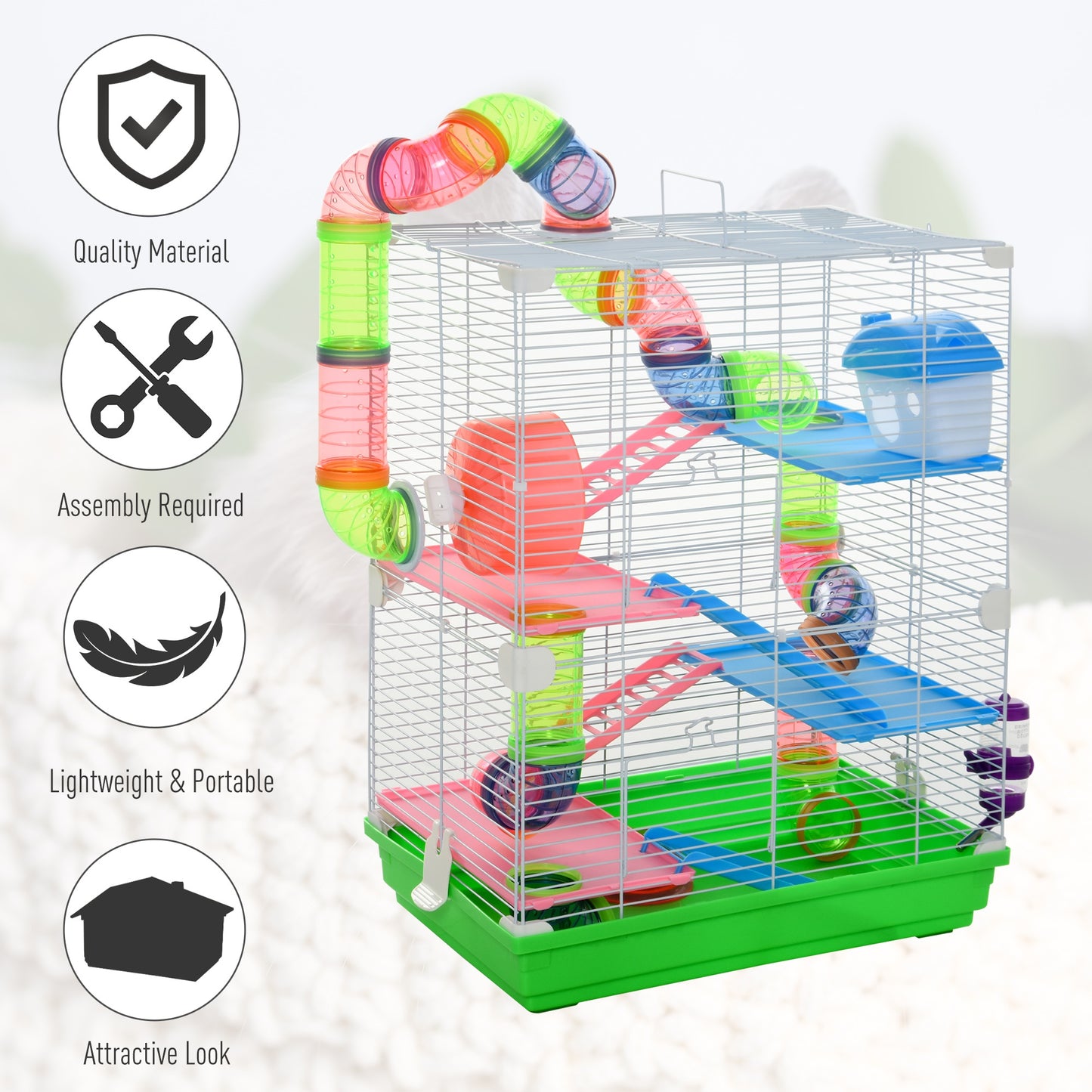 Portable Hamster Cage with 5 Tiers, Exercise Wheel & Tubes - Green