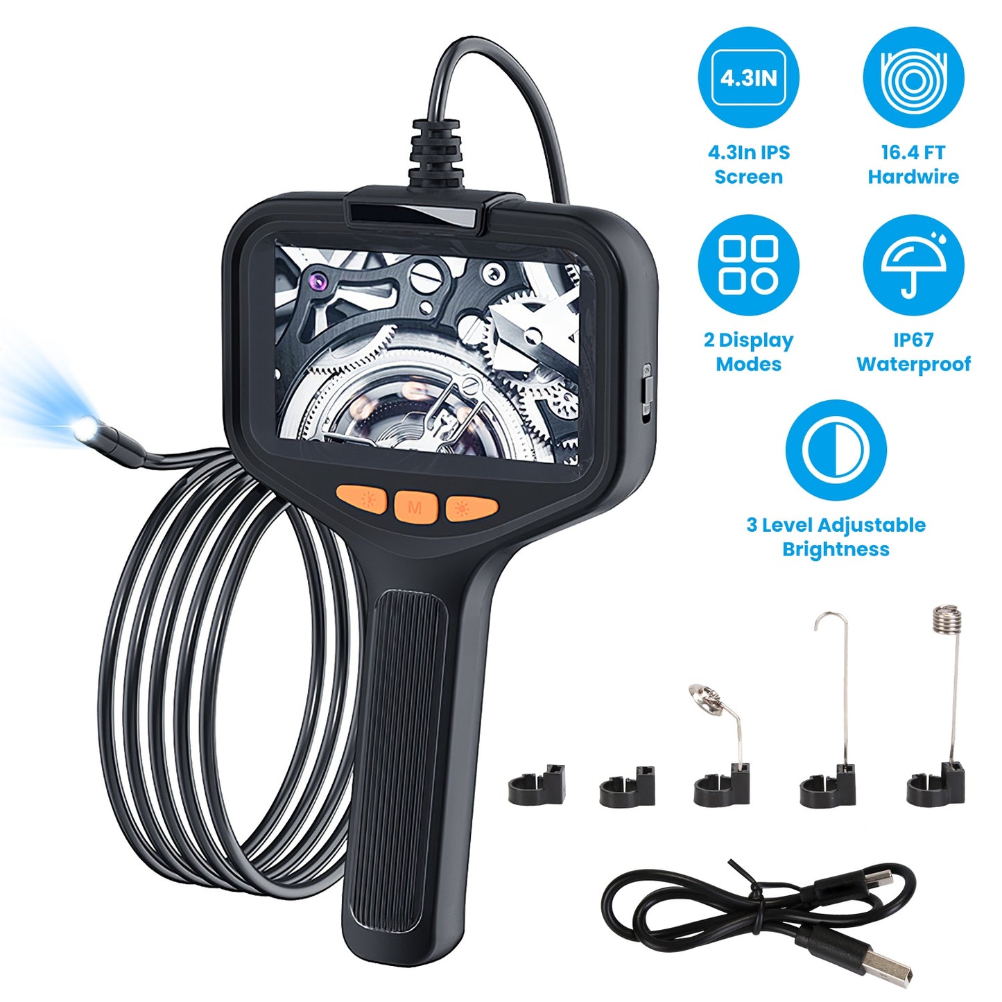 HD Inspection Camera with Light 4.3in Screen 16.4ft Waterproof Borescope for Plumbing & Automotive