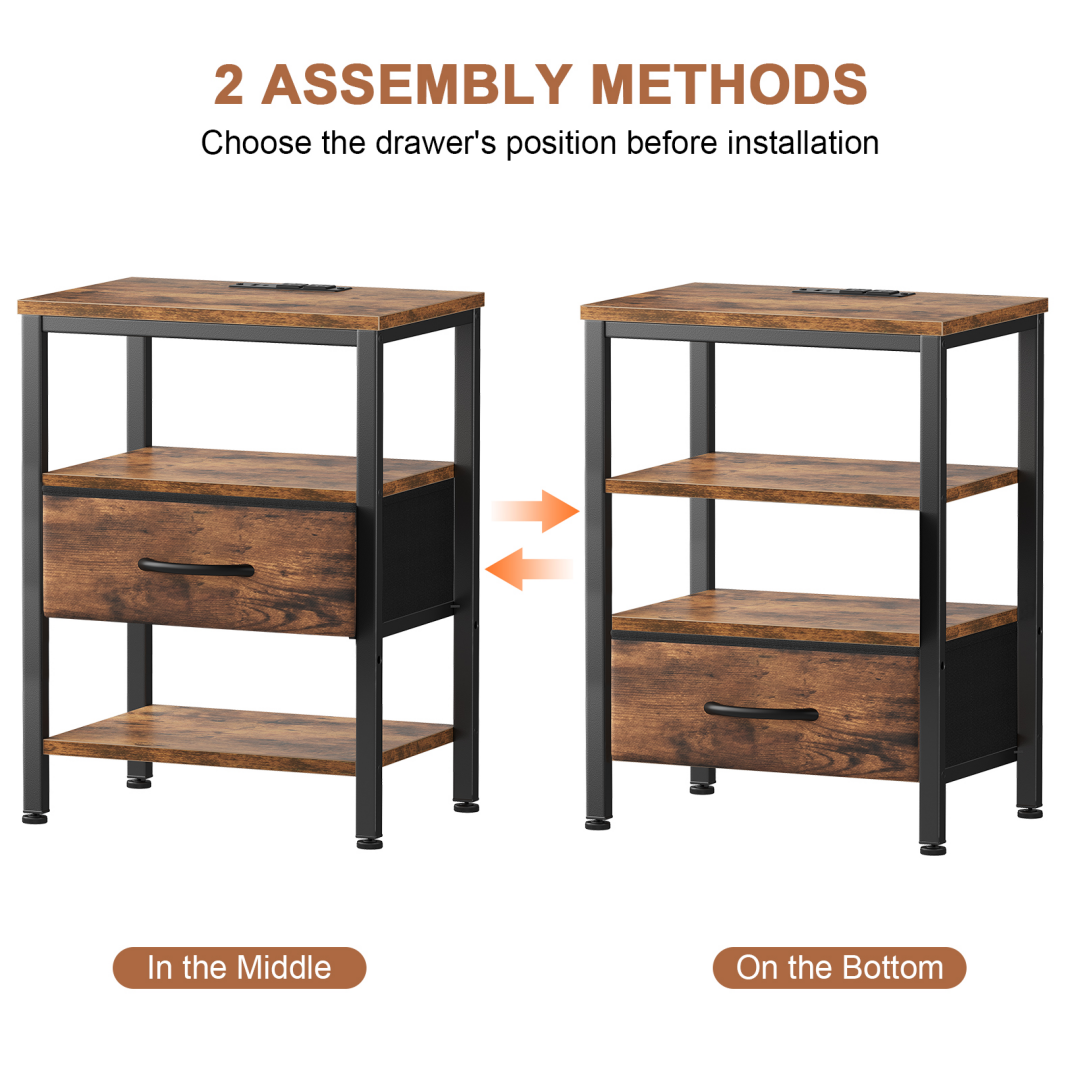 Bedside Table with USB-C Port and Adjustable Fabric Drawers